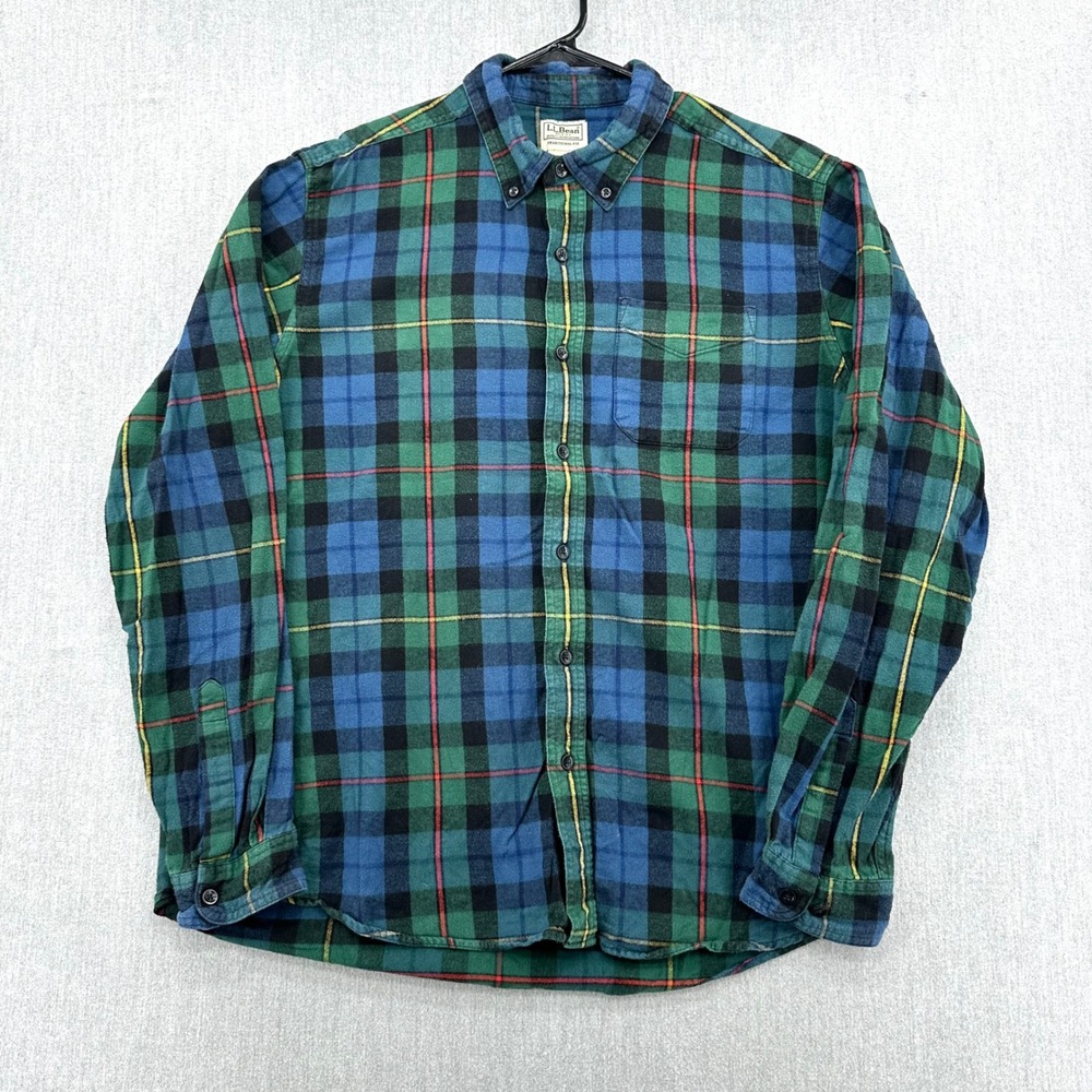 L.L. Bean Button Down Mens Large Blue Green Plaid Traditional Fit Cotton Flannel